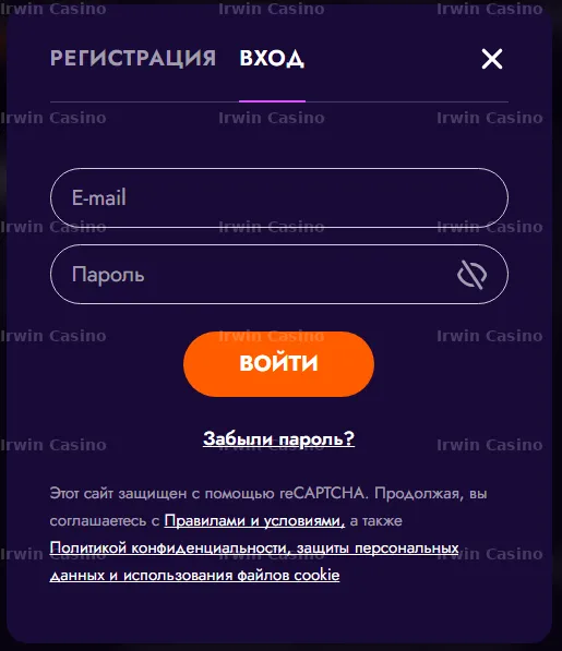 Регистрация Irwin Casino